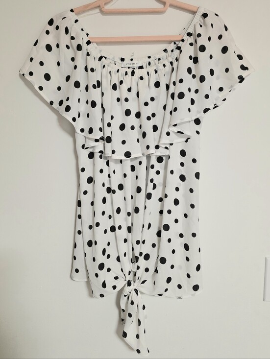 Cherish Tops - Cherish Polka Dot Off The Shoulder Top Ruffle Flutter Neckline Front Tie Medium